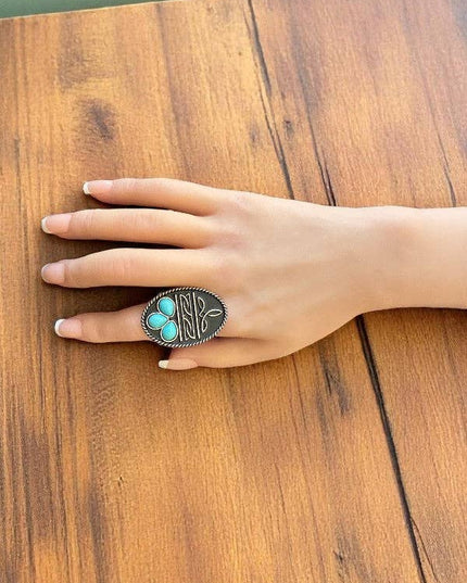 WESTERN BOOT STITCH TQ GEM ACCENT OVAL CUFF RING
