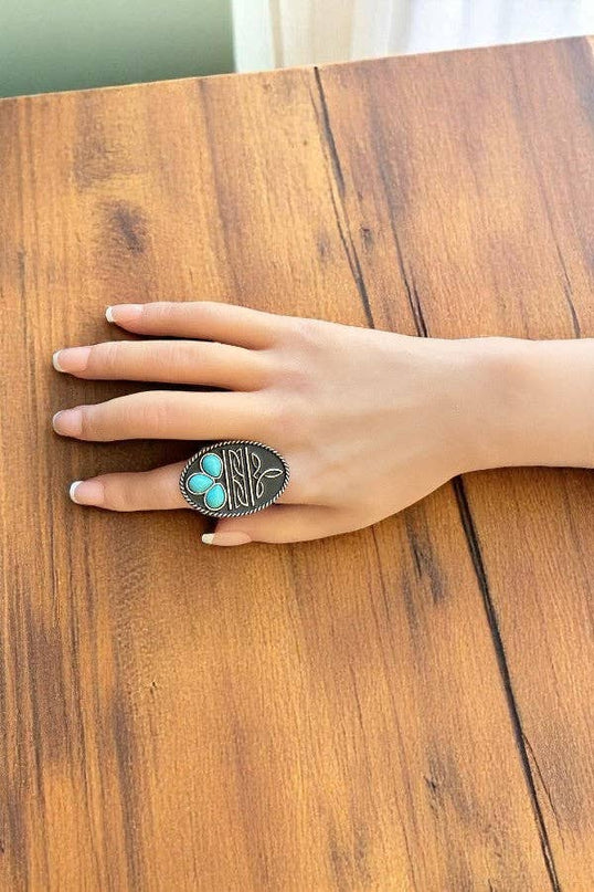 WESTERN BOOT STITCH TQ GEM ACCENT OVAL CUFF RING
