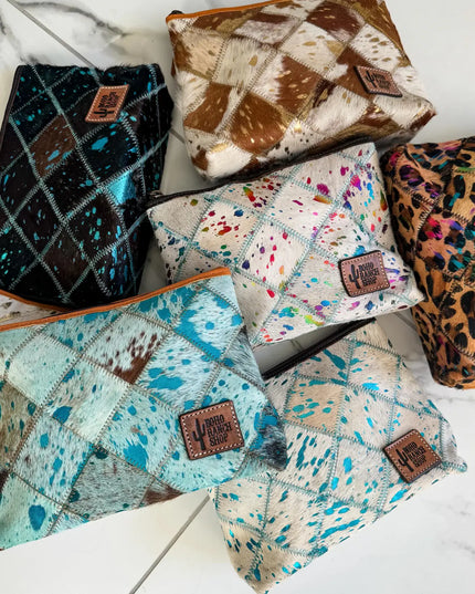 Checkered Western Cowhide Makeup Bag Travel