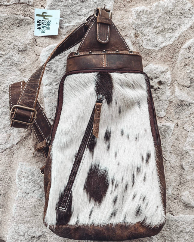 Western Cowhide Leather Sling Bag - travel bag chest bag