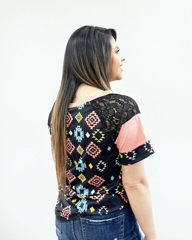 Mint, Pink & Mustard Aztec Lace Top