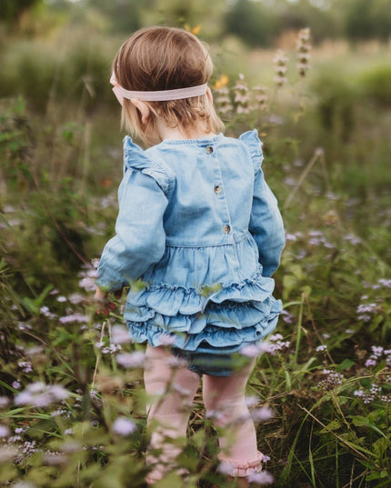 Baby Girls Light Wash Denim Long Sleeve Flutter Bubble Romper