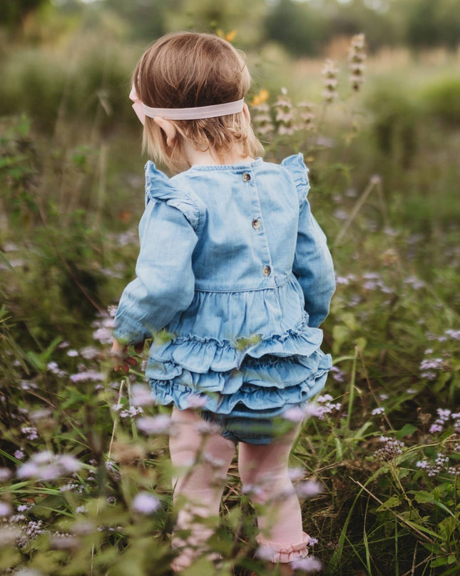 Baby Girls Light Wash Denim Long Sleeve Flutter Bubble Romper