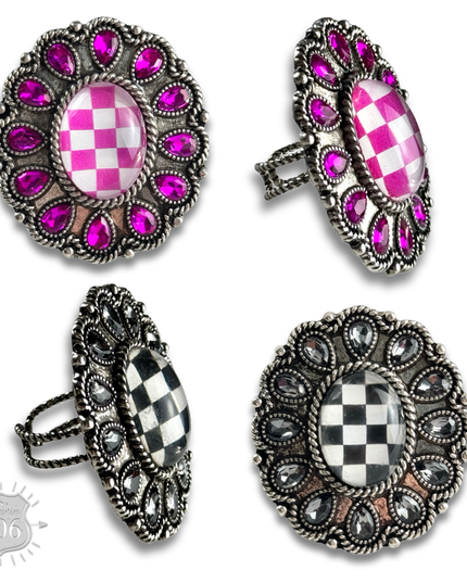 Western oval rhinestone ring with checkerboard inlay