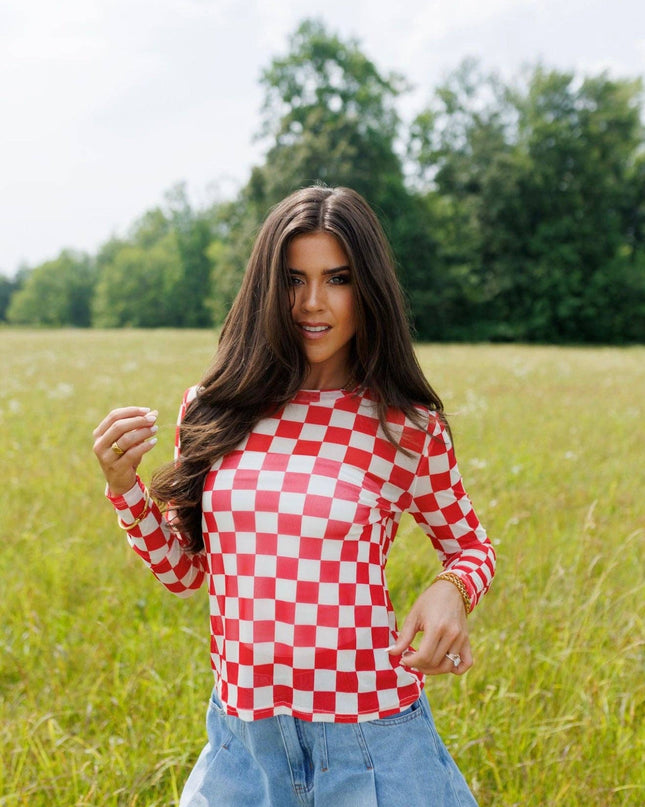 Red Checkerboard Mesh Top