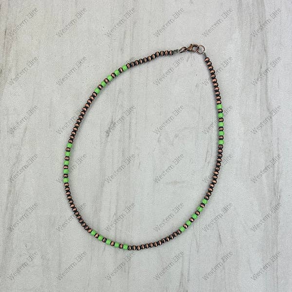 NKS230603-02-GREEN            16‘’ 4mm copper Navajo pearl with green stone Beads Necklace