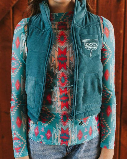Girls Jade Puffer W Aztec Lining Boot Stitch Detail Vest