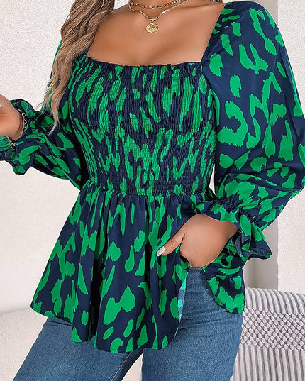Leopard Square Neck Long Sleeves Frilled Blouse