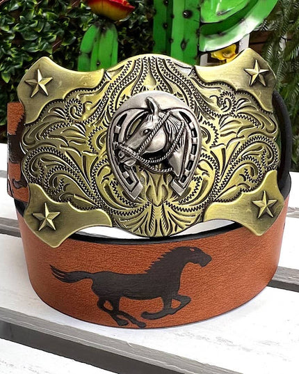 HORSESHOE ON GOLD BUCKLE & HORSE PRINT. BLT-10323