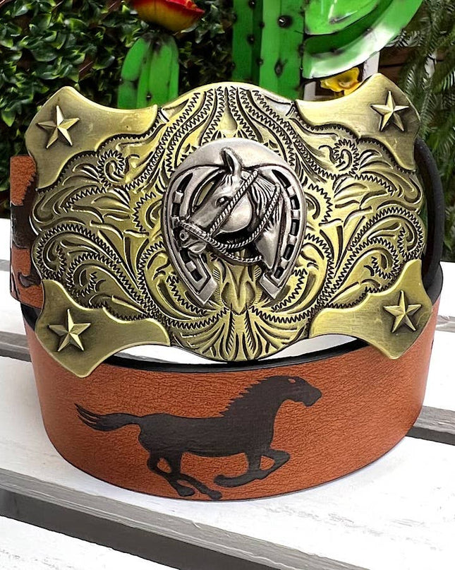 HORSESHOE ON GOLD BUCKLE & HORSE PRINT. BLT-10323