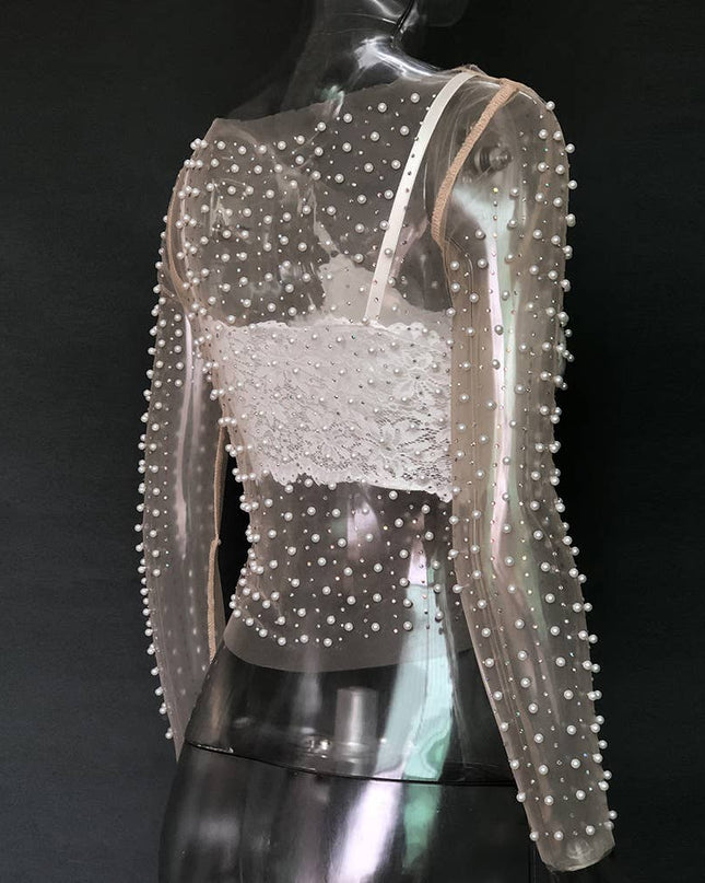 Pearl rhinestone sheer mesh see through top