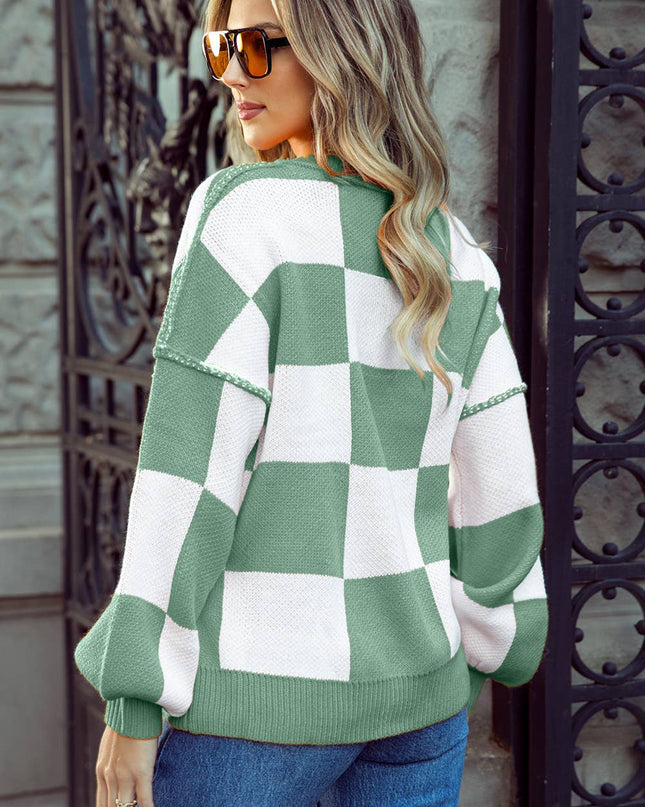 Checkered Oversized Crew Neck Knit Sweater | 10 Colors