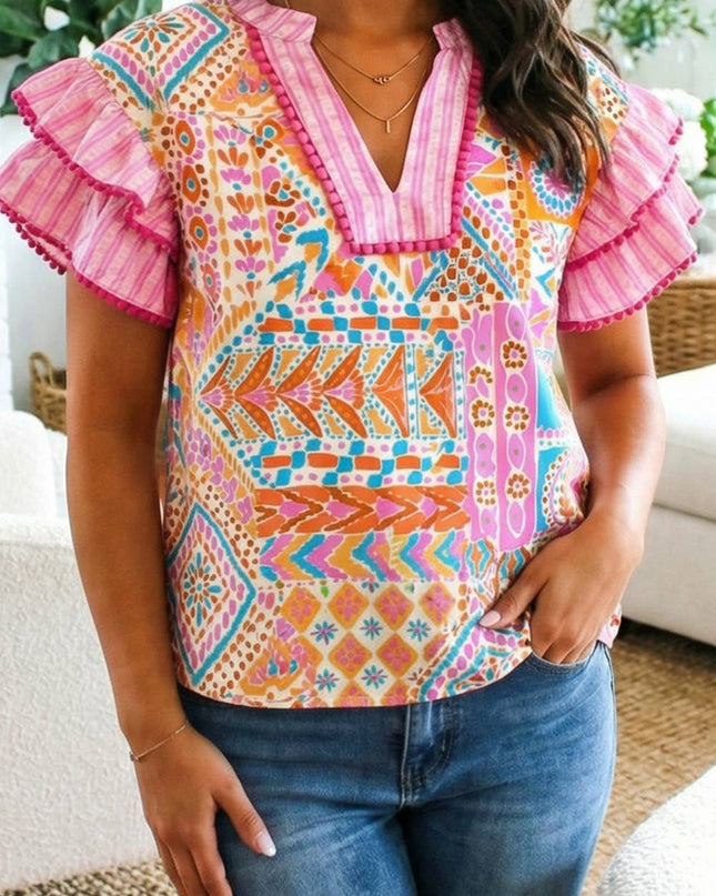 Boho Mixed Print Ruffled Blouse SS26 | S-XL & Plus 1X-4X