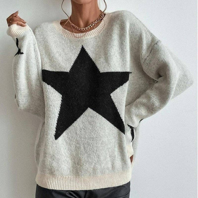 Round Neck Sweater With Five-Pointed Star Print