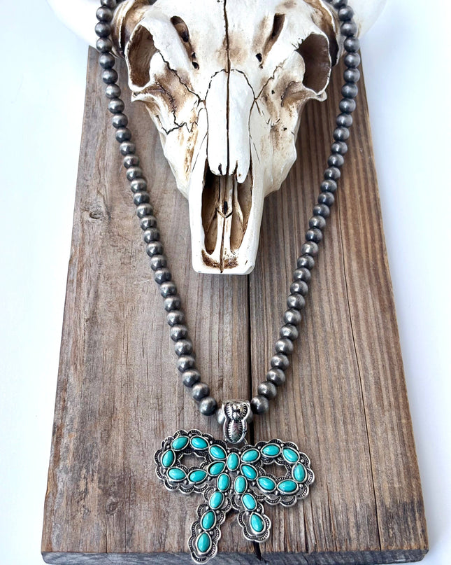 7MM Western Navajo Pearl Coquette Bow Stone Pendant Necklace