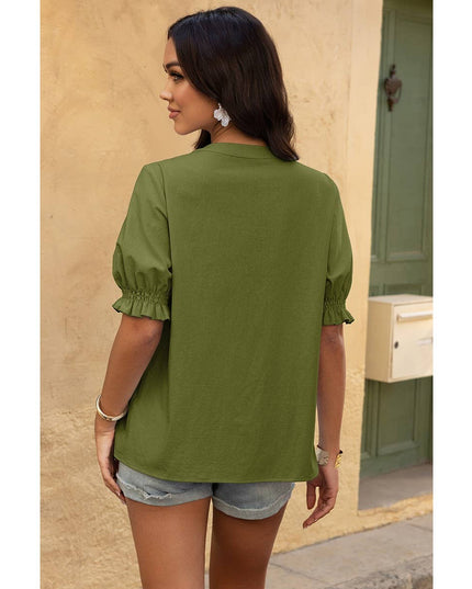 V Neck Boho Puff Short Sleeve Button Down Shirt