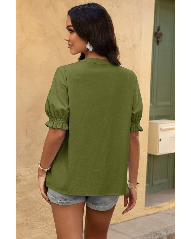 V Neck Boho Puff Short Sleeve Button Down Shirt