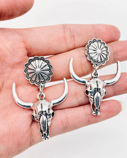 Western Style Metal Skull Bull Head Pendant Earring - WJ