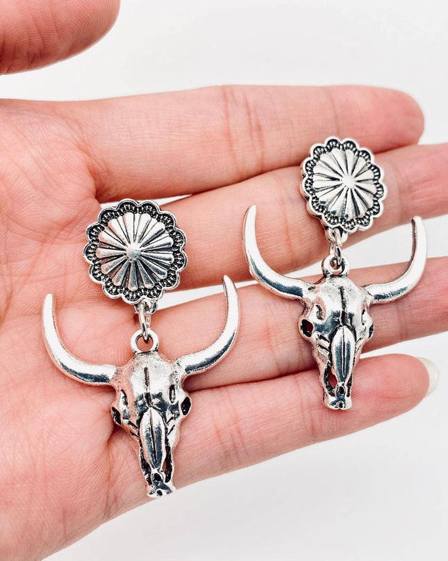 Western Style Metal Skull Bull Head Pendant Earring - WJ