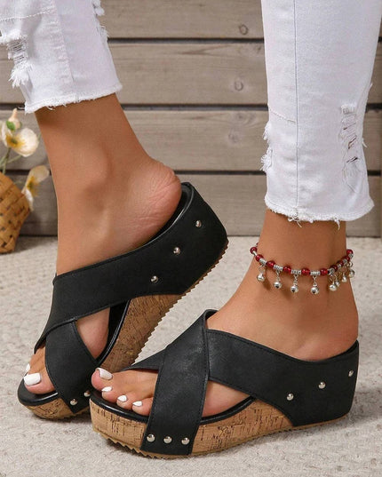 Criss Cross Cut Out PU Leather Wedge Slippers