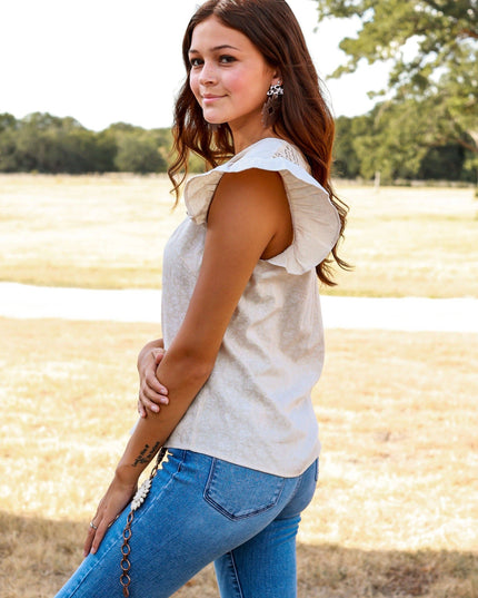 Total Cutie Beige Ruffle Top with Lace