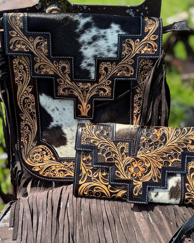 Genuine Western Cowhide Leather Purse or Clutch with cowhide and tooled details a Double B Wild Rags Exclusive