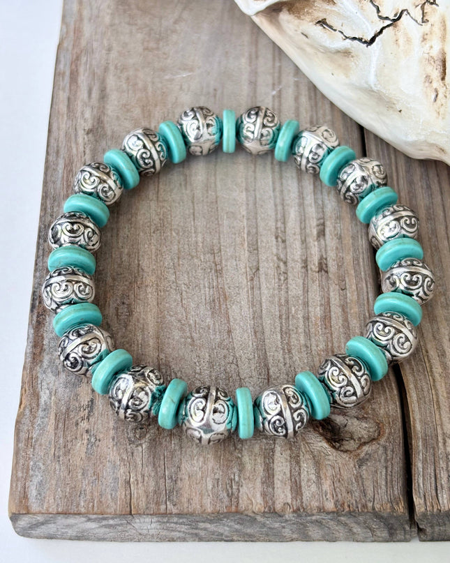 Western Style Turquoise Stone Beaded Stretch Bracelet