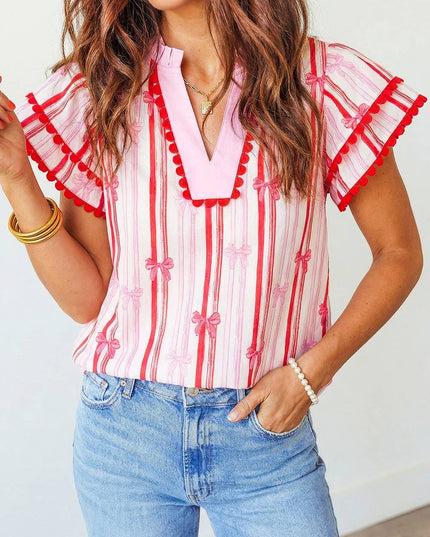 Striped Ric-rac Trim Trim Ruffled Blouse | S-XL