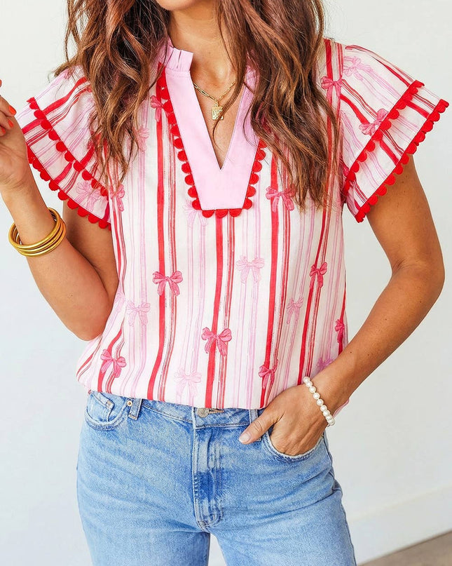 Striped Ric-rac Trim Trim Ruffled Blouse | S-XL