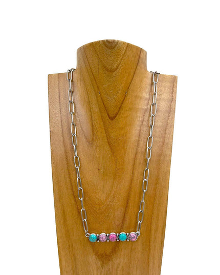 NKY241130-01-BLACK                      Silver metal chain with green turquoise stone bar Necklace