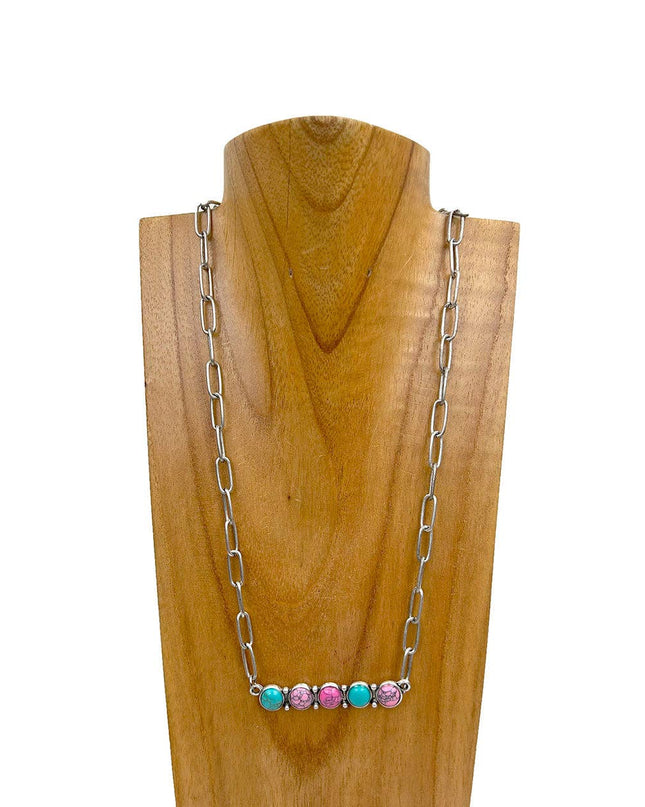 NKY241130-01-BLACK                      Silver metal chain with green turquoise stone bar Necklace