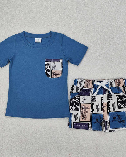 Baby Boys Western Blue Pocket Top Rodeo Shorts Clothes Sets