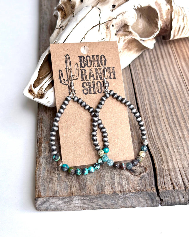 Western Navajo Style Pearl Teardrop Hoop Dangle Earrings