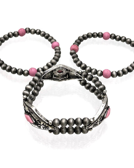 Pink Three Piece Navajo Style Bead Stretch Bracelet
