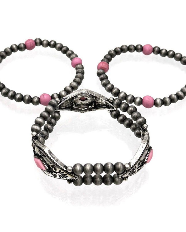 Pink Three Piece Navajo Style Bead Stretch Bracelet