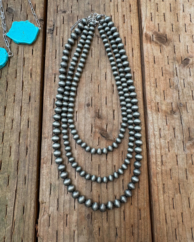 Faux Silver Beaded Navajo Pearl Strand Stackable Necklace