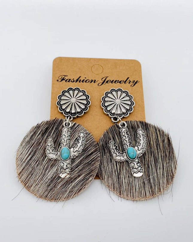 Western Style Cactus Animal Skin Double Charm Earrings - WJ