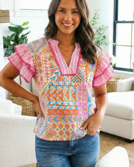 Boho Mixed Print Ruffled Blouse SS26 | S-XL & Plus 1X-4X