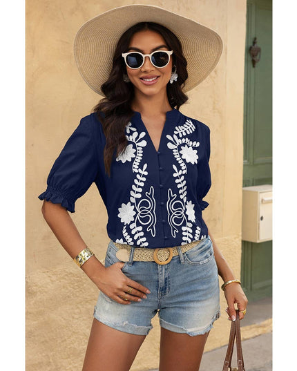 V Neck Boho Puff Short Sleeve Button Down Shirt