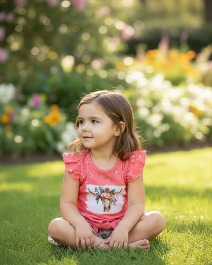 Cow skull coral top with angel sleeve and floral shorts. LT-2020-10 JEAN