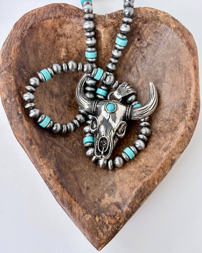 Western Style Navajo Pearl Bead Steer Head Pendant Necklace