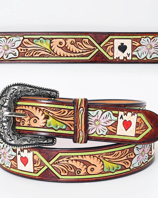 LC-ADBLF156 Tooled Leather Belt - Poker Card Floral Design with Hand-Painted Accents