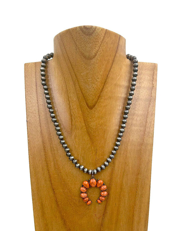 NKY241010-02-BLUE                16'' Silver Navajo pearl Beads with blue turquoise stone squash blassom pendant Necklace