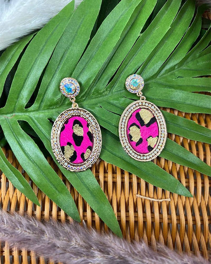 Cowboy Killer Oval Crystal Fuchsia Gold Leopard Earrings