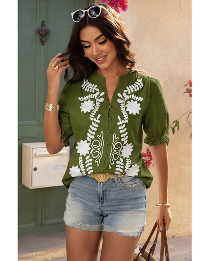 V Neck Boho Puff Short Sleeve Button Down Shirt