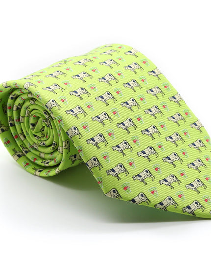 Cow Lime Green Necktie with Handkerchief Set