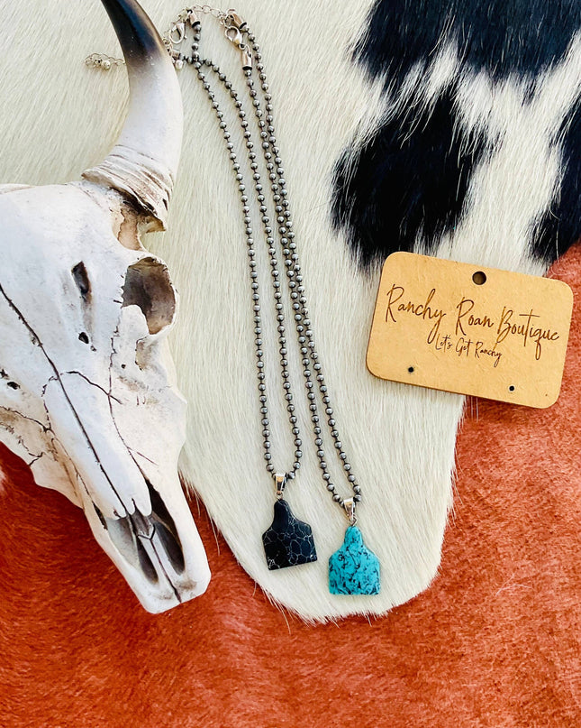 Western Ear Tag Pendant Necklace - Black Stone