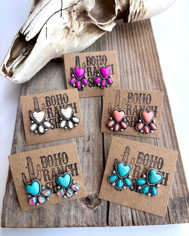 Western Heart Stone Stud Earrings