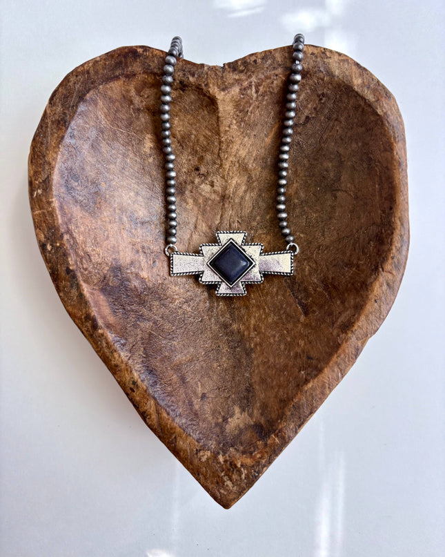 Western Aztec Stone Pendant Navajo Pearl Bead Necklace