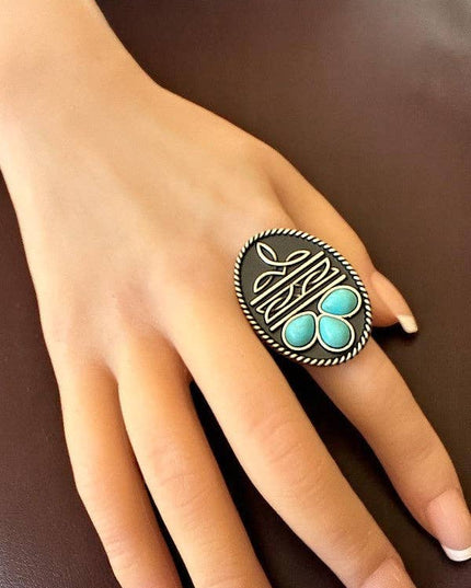 WESTERN BOOT STITCH TQ GEM ACCENT OVAL CUFF RING